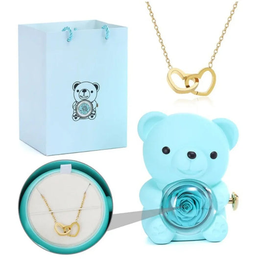 Teddy Bear Gift Box with Rose Jewelry Storage (Blue)