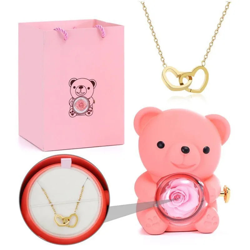 Teddy Bear Gift Box with Rose Jewelry Storage (Pink)