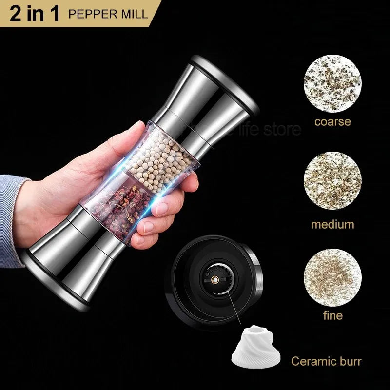 2-in-1 Stainless Steel Pepper Grinder Double-Head Manual Spice Mill Silver