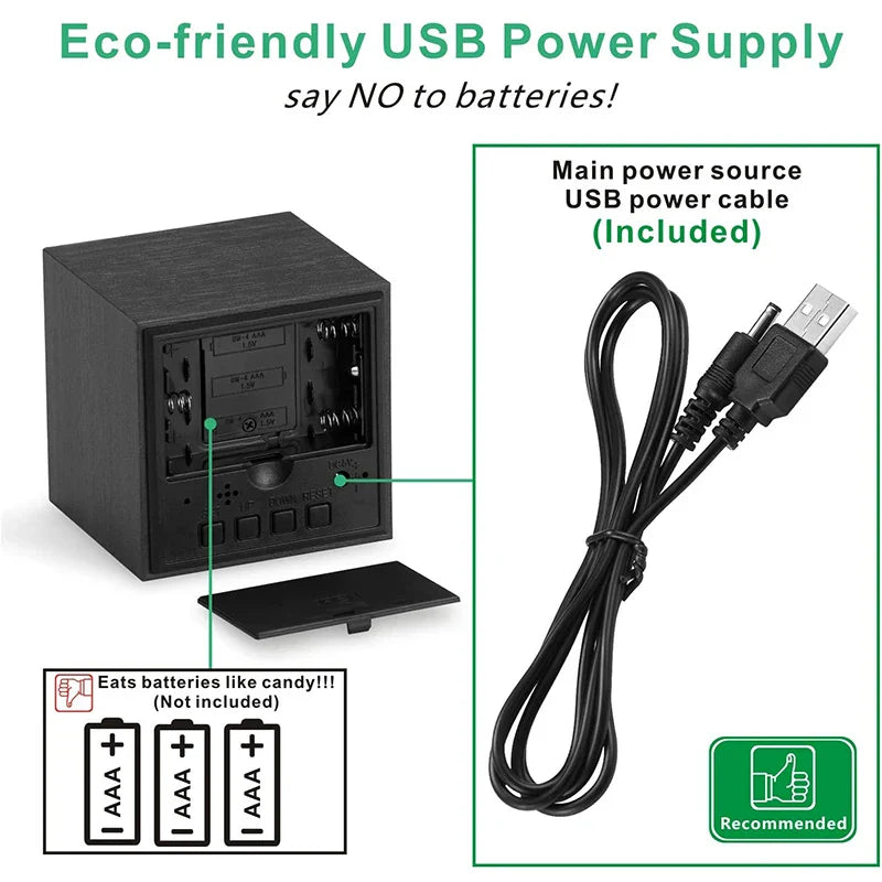 Wooden Digital Alarm Clock – LED Display with Temperature & Sound Control