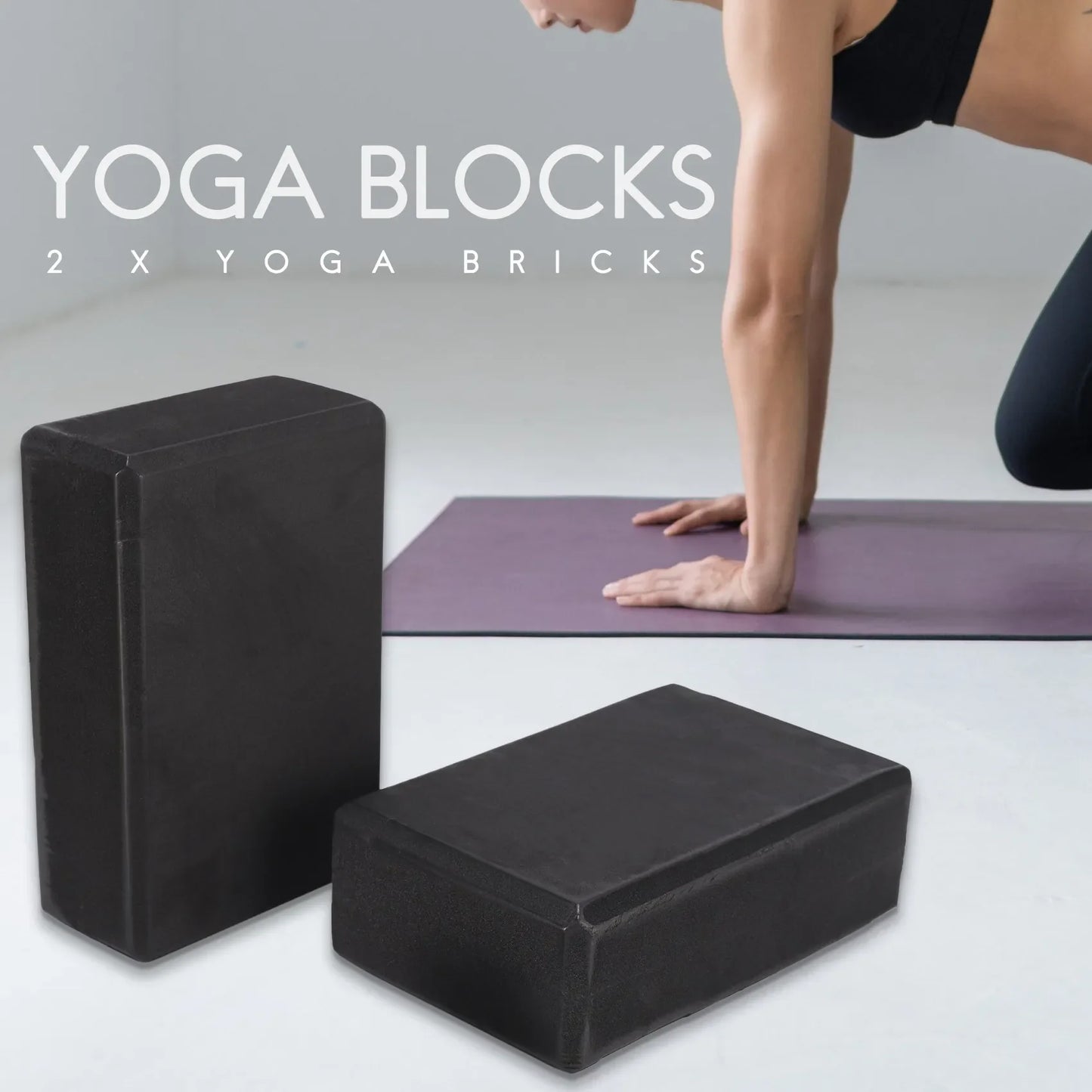 Yoga Block and Strap Set Non-Slip Foam Stretching (Black)