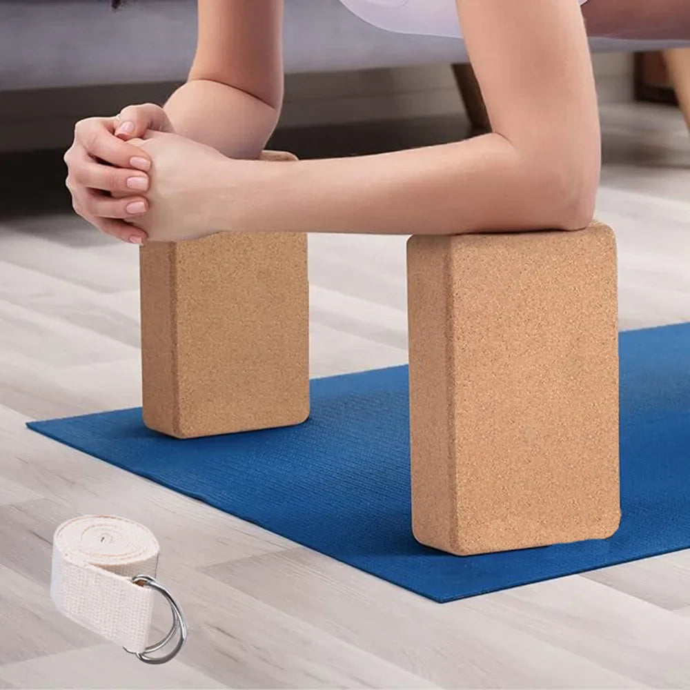 Yoga Blocks 2 Pack with Strap High-Density Cork (Beige)