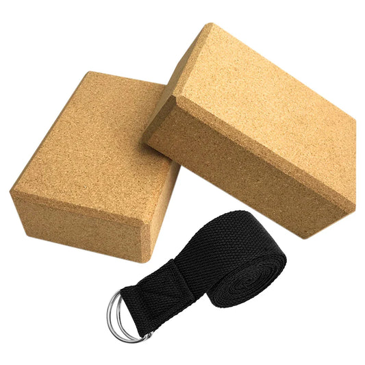 Yoga Blocks Set with Cork Blocks and Stretching Strap (Beige)