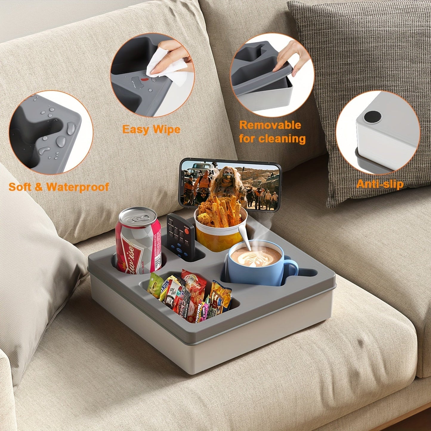 Silicone Sofa Caddy Tray with Cup & Phone Holder