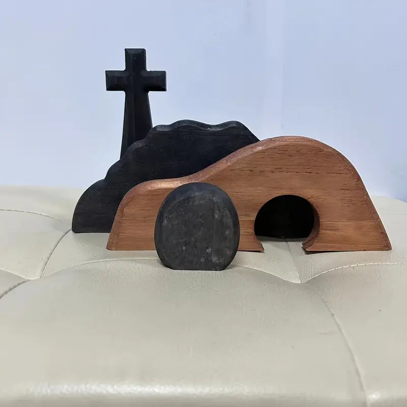 Handcrafted Wooden Cross Empty Tomb Easter Statue Set - Maple and Hickory Hardwood
