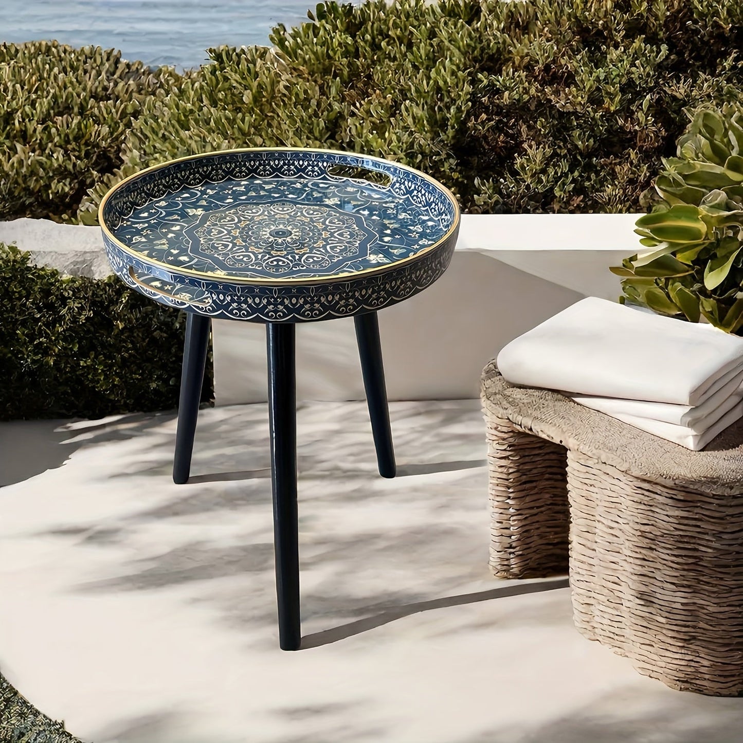 Outdoor Round Tray Table with Wooden Legs