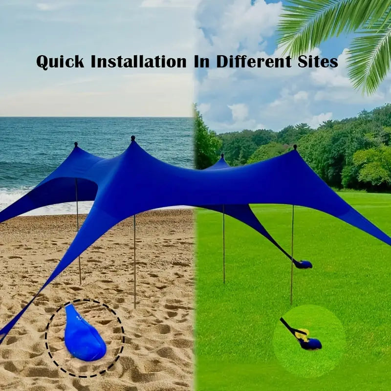 Extra Large Beach Tent Sun Shelter with UPF50+ Protection, Stability Poles, and Ground Pegs - Blue (Includes 4 Poles)