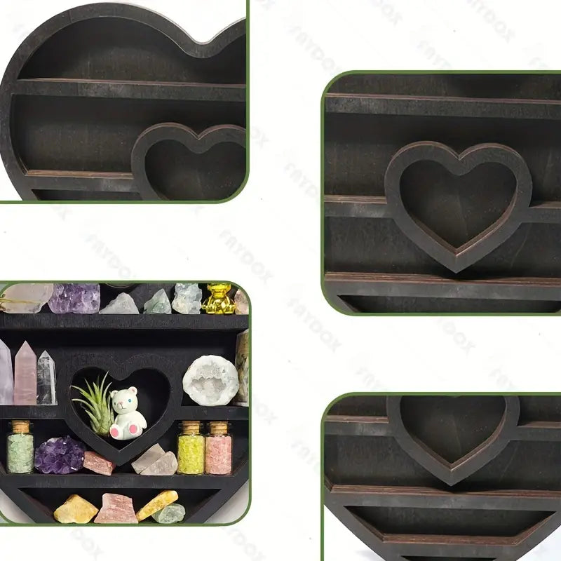 Two hearts intertwine in this beautifully crafted crystal wood shelf