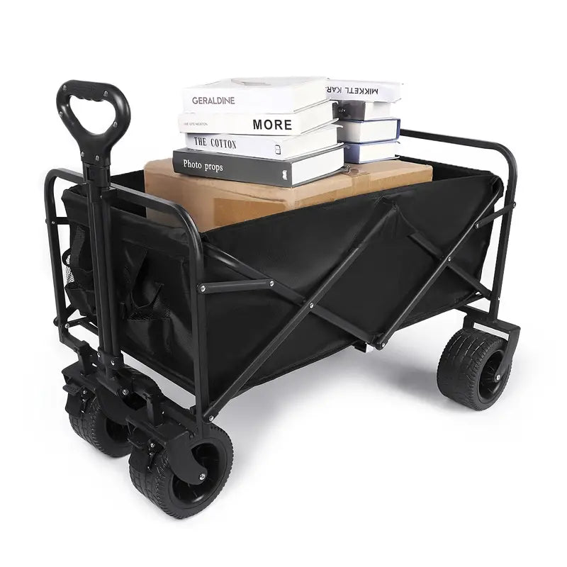 Heavy Duty Foldable Camping Wagon with Wide Wheels - Black