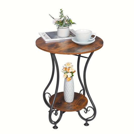 Retro Round Side Table with Bookshelf Storage