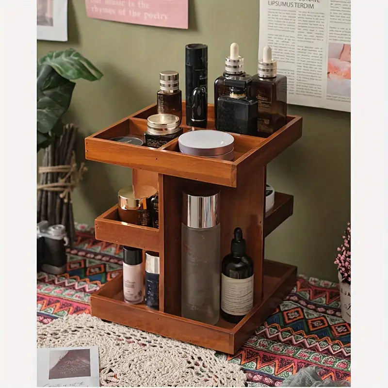 360° Rotating Wooden Cosmetic Storage Shelves - Brown Vanity Shelf