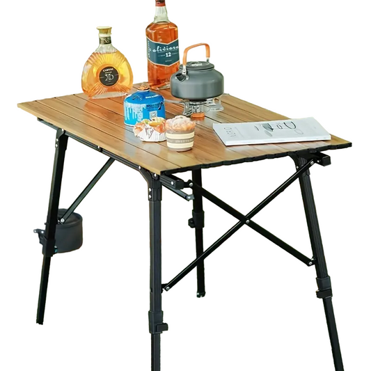 Outdoor Folding Aluminum Alloy Table - Large Wood Grain, Tripod Base