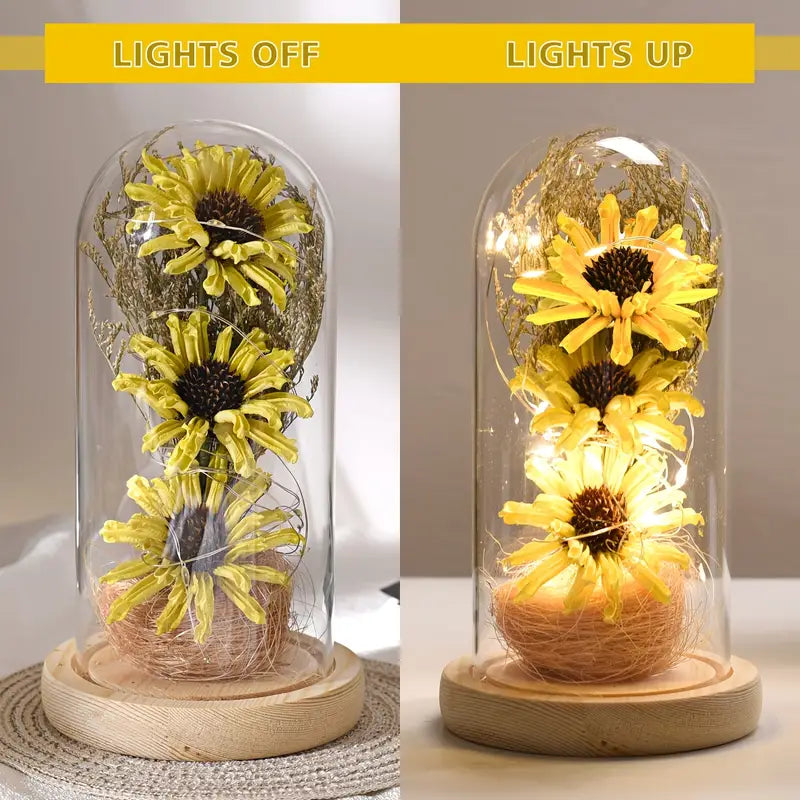 Radiant Christmas Joy: LED-Lit Artificial Sunflower in Glass Dom