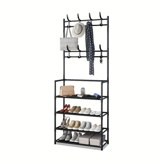 Multifunctional Free-Standing Coat and Shoe Rack Organizer with Storage Shelves and Hooks