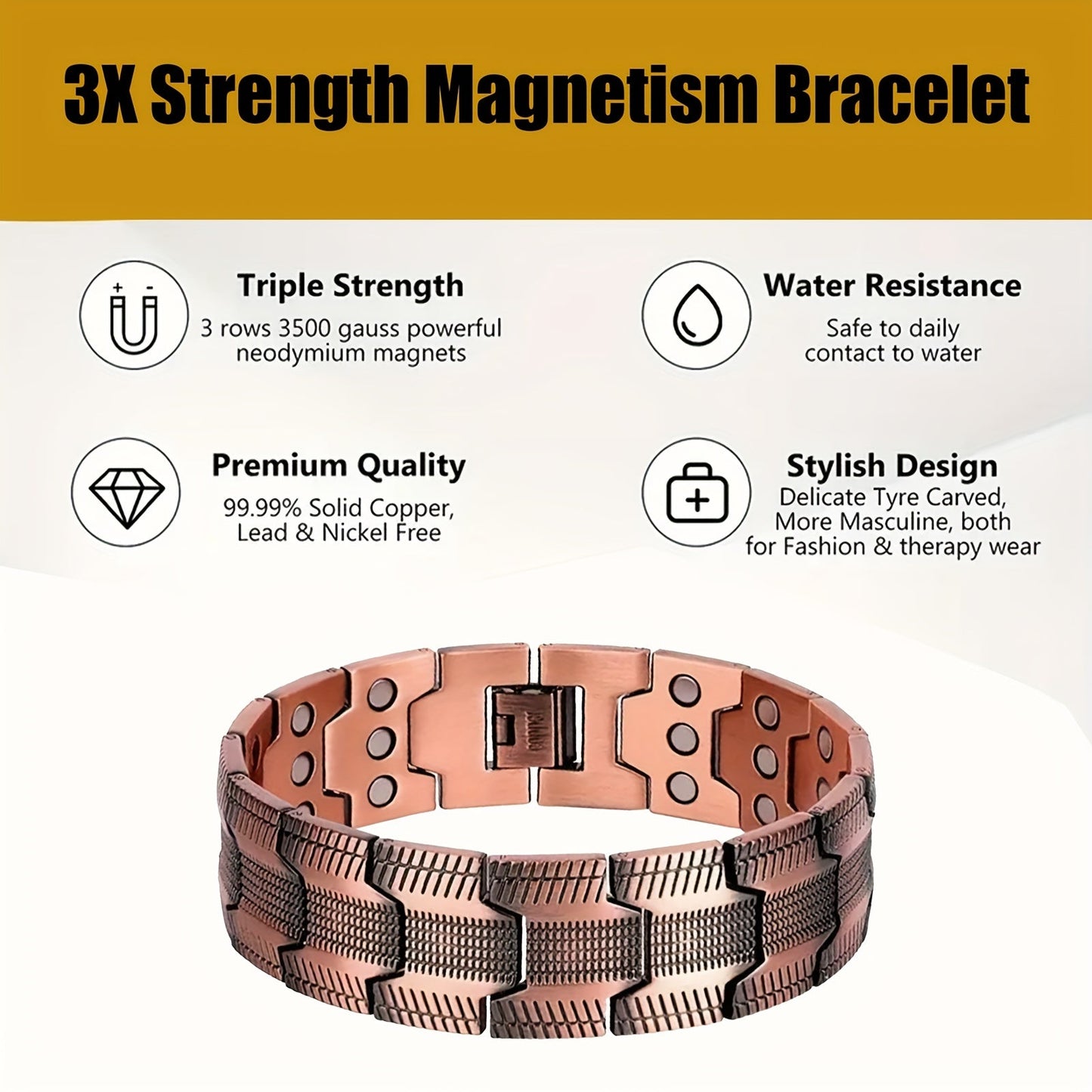 3X Strong Copper Magnetic Bracelet for Men  – Pure 99.9% Solid Copper