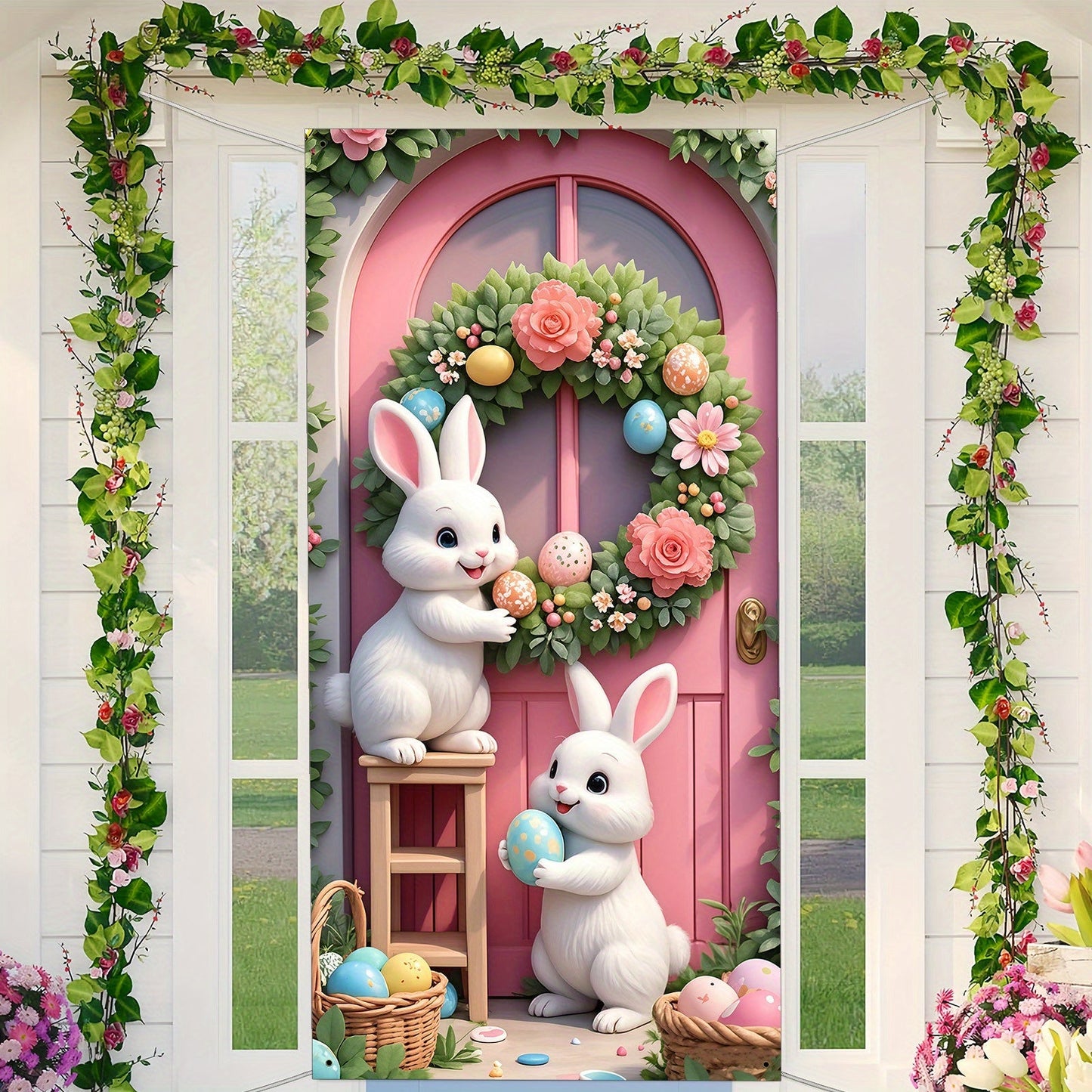 2D Easter Door Banner with Rabbits and Eggs