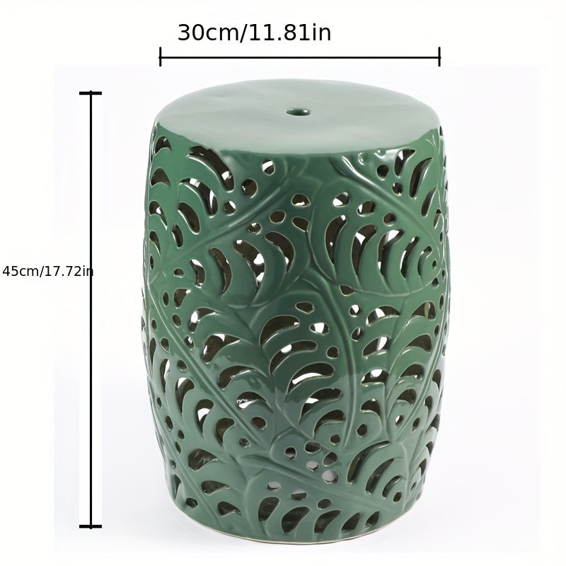 Ceramic Drum Stool Emerald Green Leaf