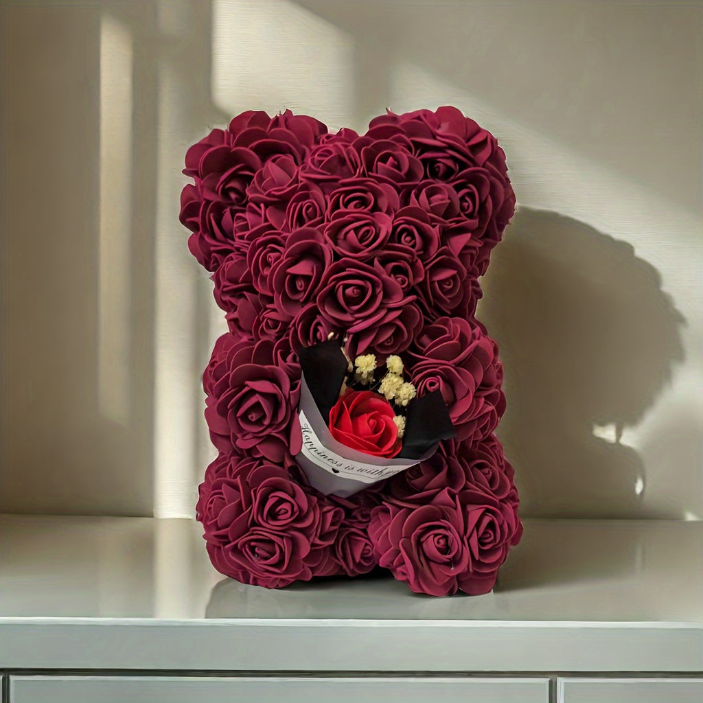 Preserved Rose Teddy Bear Floral Gift (Burgundy)
