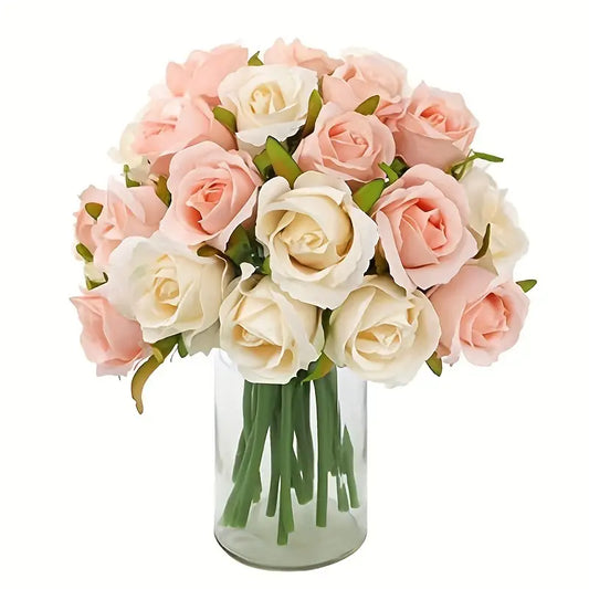 12-Piece Premium Artificial Rose Flowers with Stems(Champagne)