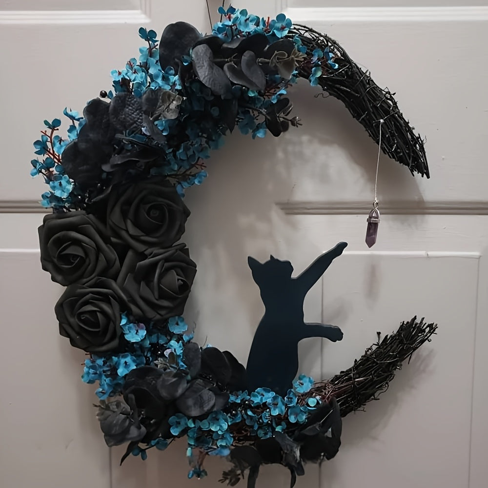 Gothic Cat Moon Wreath Halloween Door Decor
