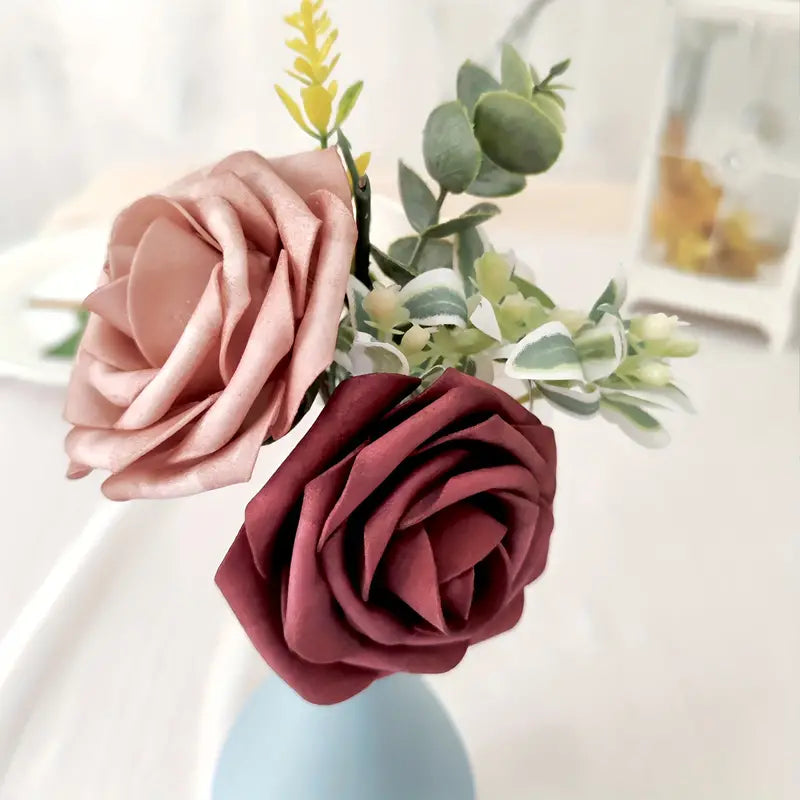 Exquisite 25-Piece Champagne Red Artificial Rose Flower Arrangement