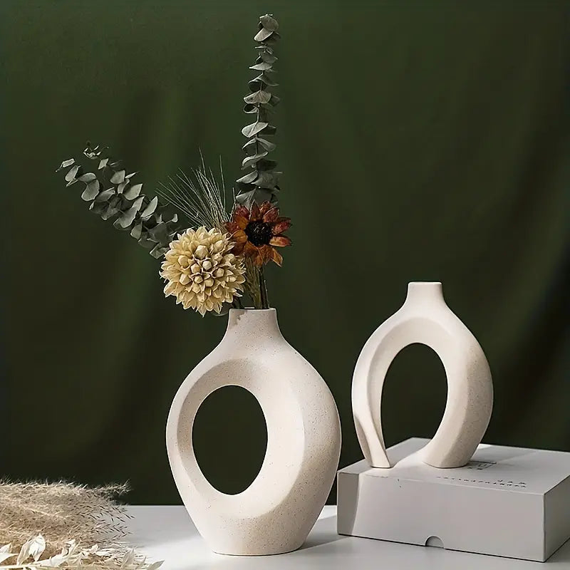 Set of 2 White Ceramic Vases - Modern Boho Decor