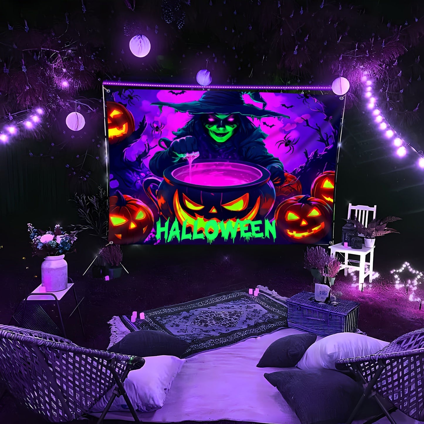 Witch and Pumpkin Glow-in-the-Dark Halloween Tapestry