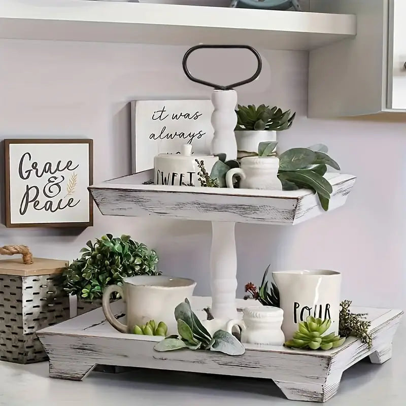 Rustic Wood Tiered Tray Stand - Farmhouse Chic Daily Decor