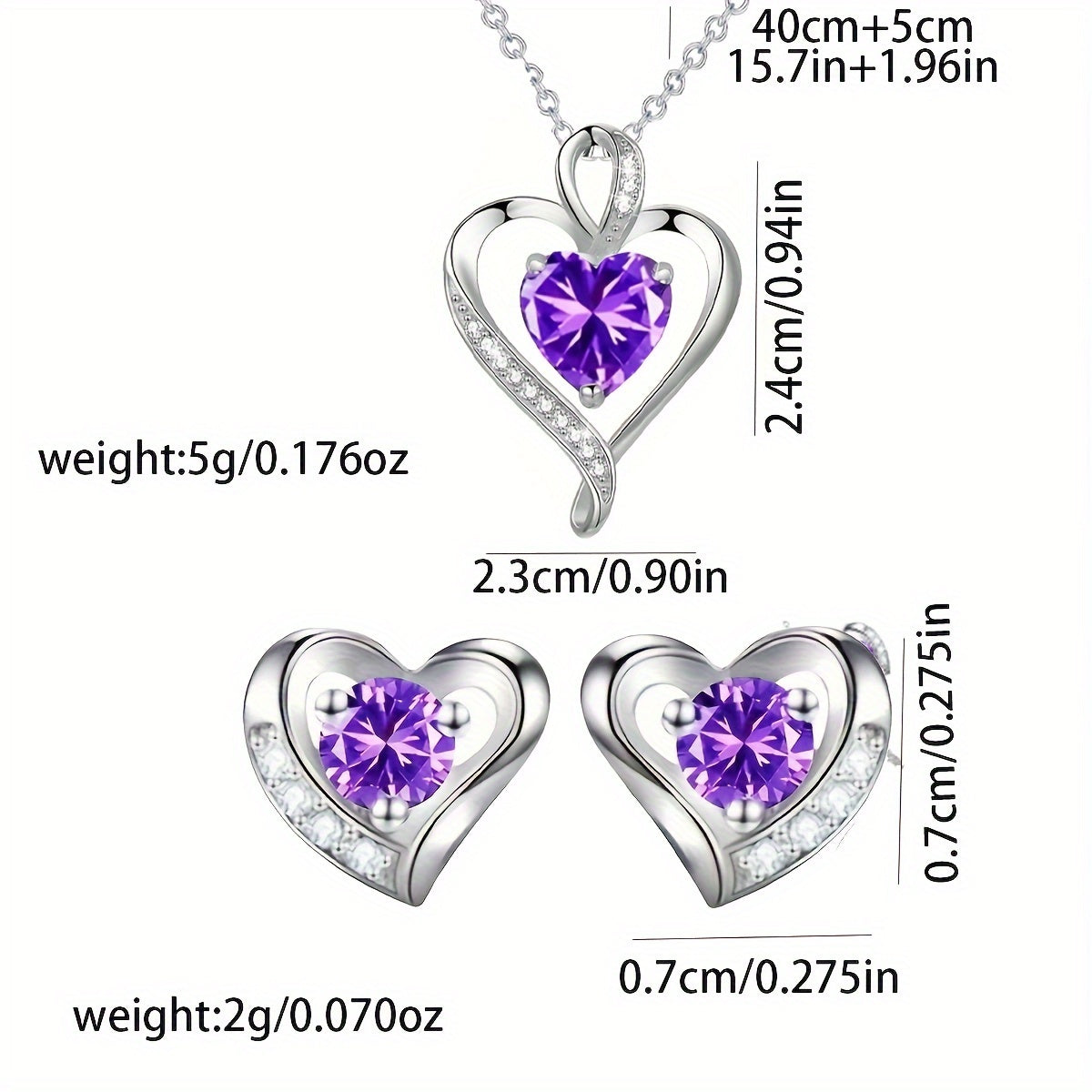 Elegant Heart-Shaped Jewelry Set with Purple Gemstones