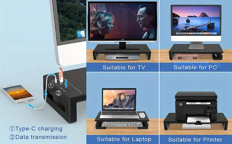 Ultimate Monitor Stand Riser: USB Hub, Data Port, and TYPE-C Charging Powerhouse
