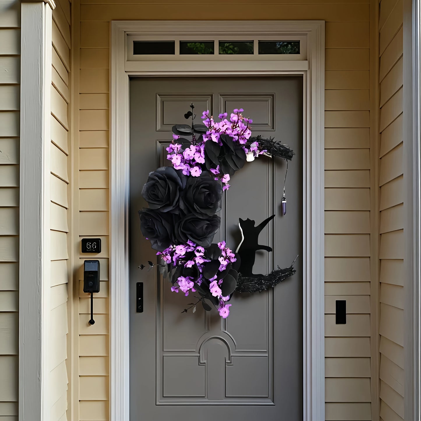 Halloween Black Cat Crescent Moon Wreath