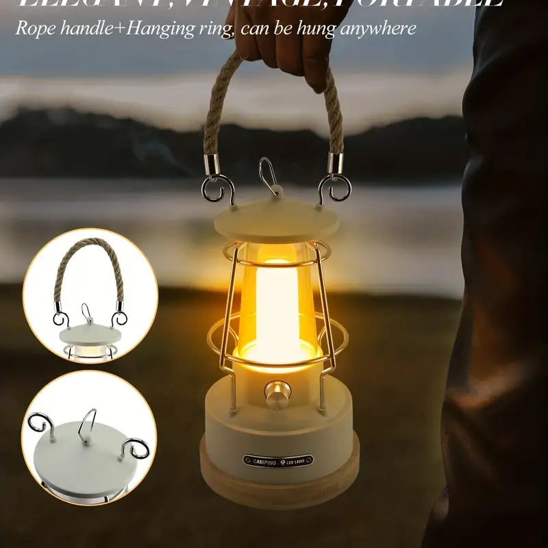 Vintage Rechargeable Camping Lantern - Dimmable LED, Waterproof Retro Light