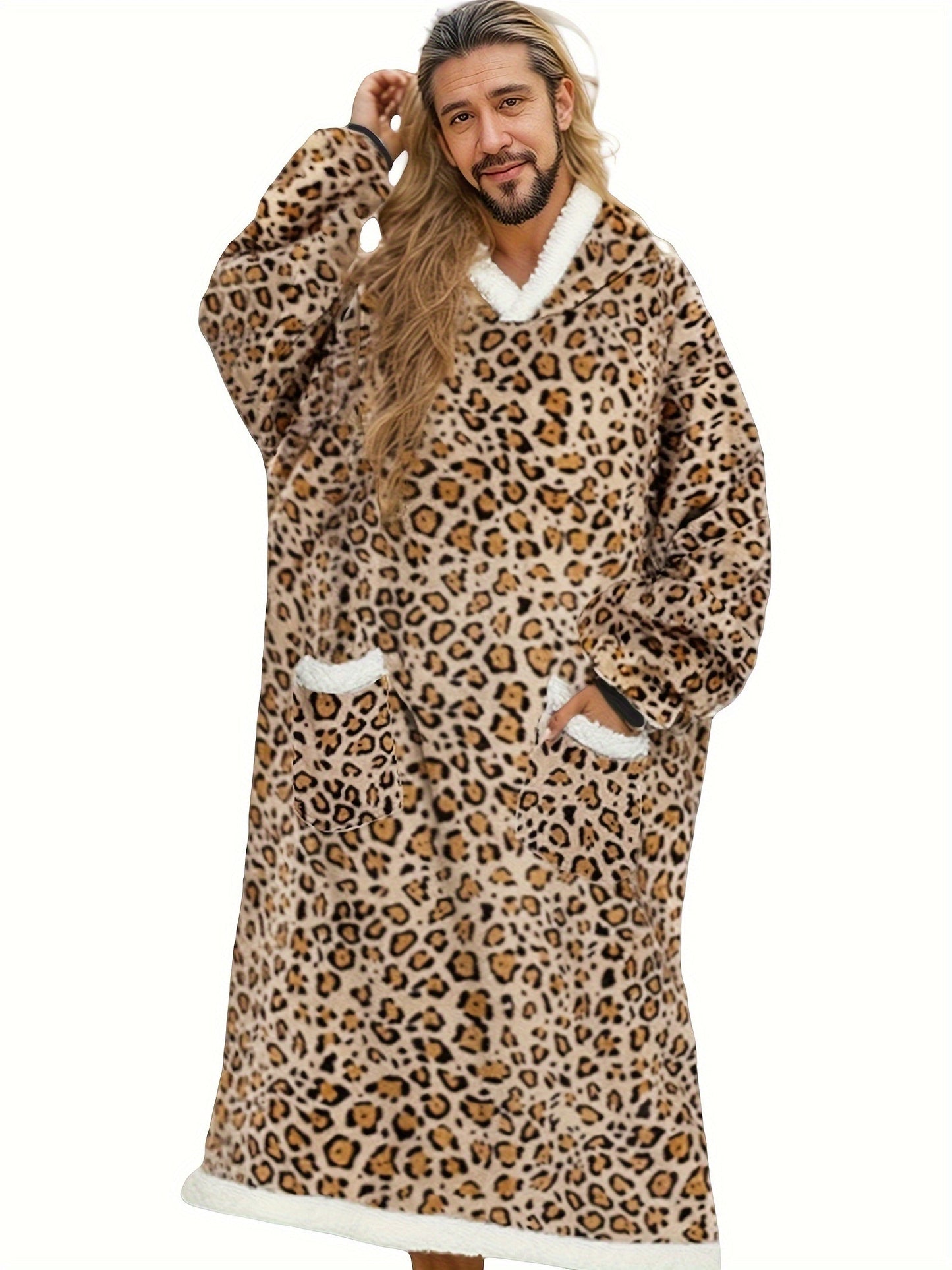 Leopard Print Flannel Hooded Winter Robe Set