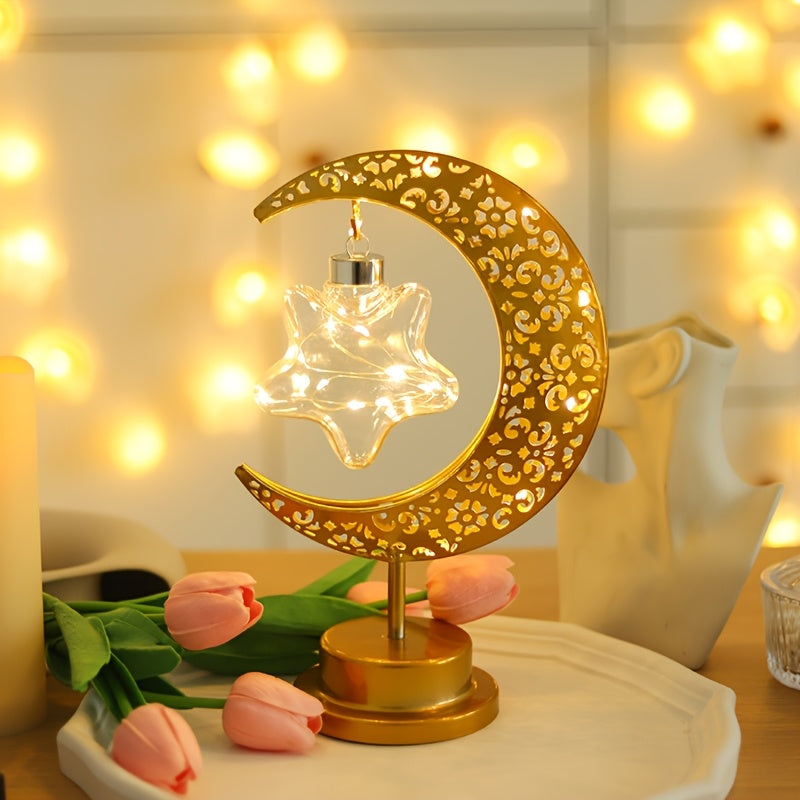 Crescent Moon Star LED Lantern Floral Pattern Battery-Powered