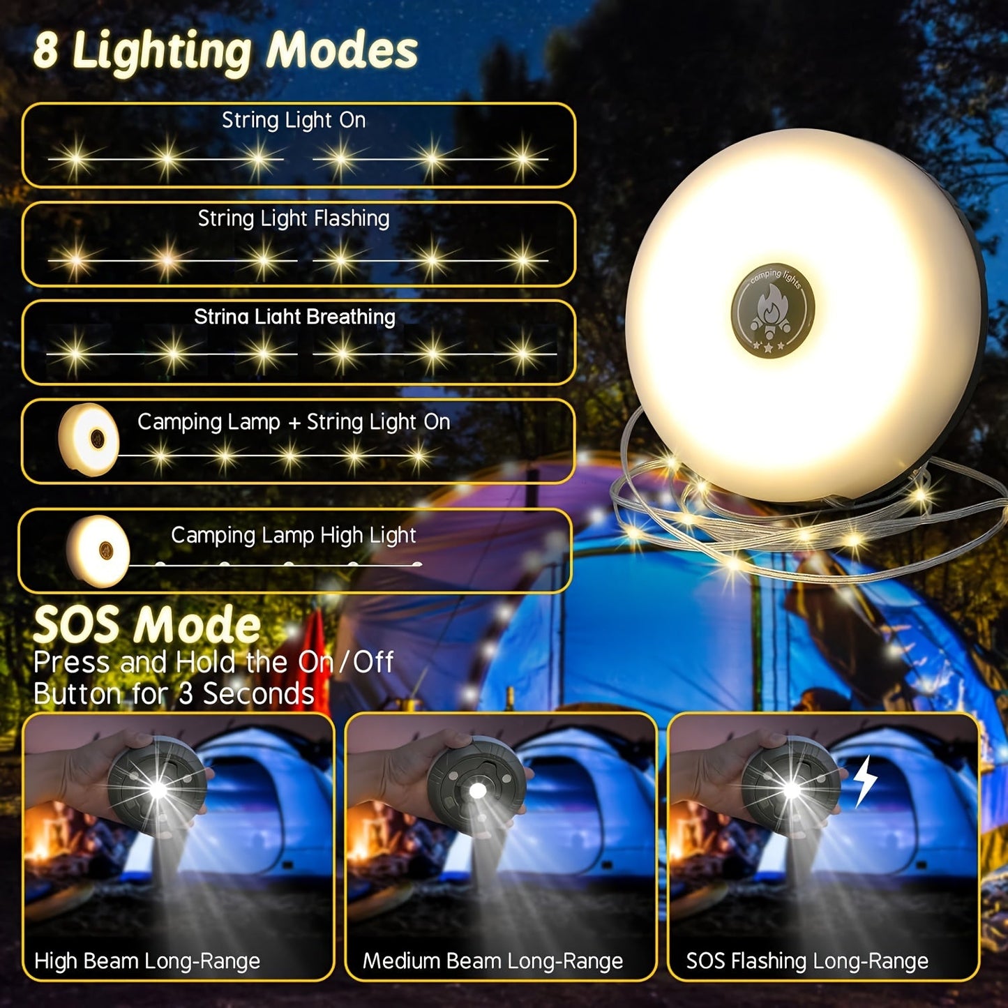 Rechargeable Camping String Lights with 5 Modes
