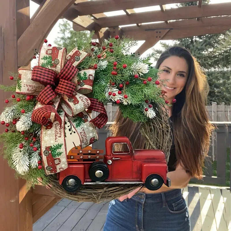 Charming 1pc Christmas Artificial Wreath Red Truck Decoration | Large Door Front Wreath