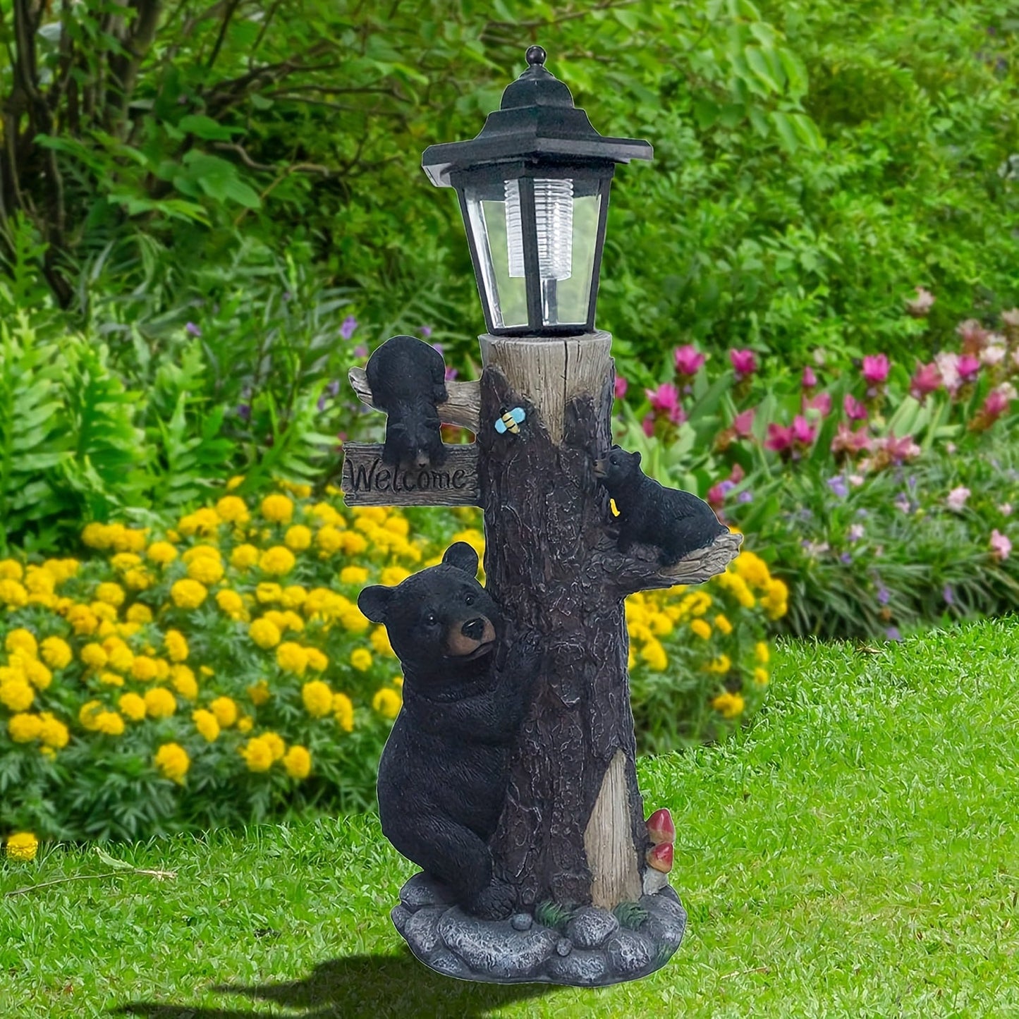 Solar Resin Bear Statue with LED Lights