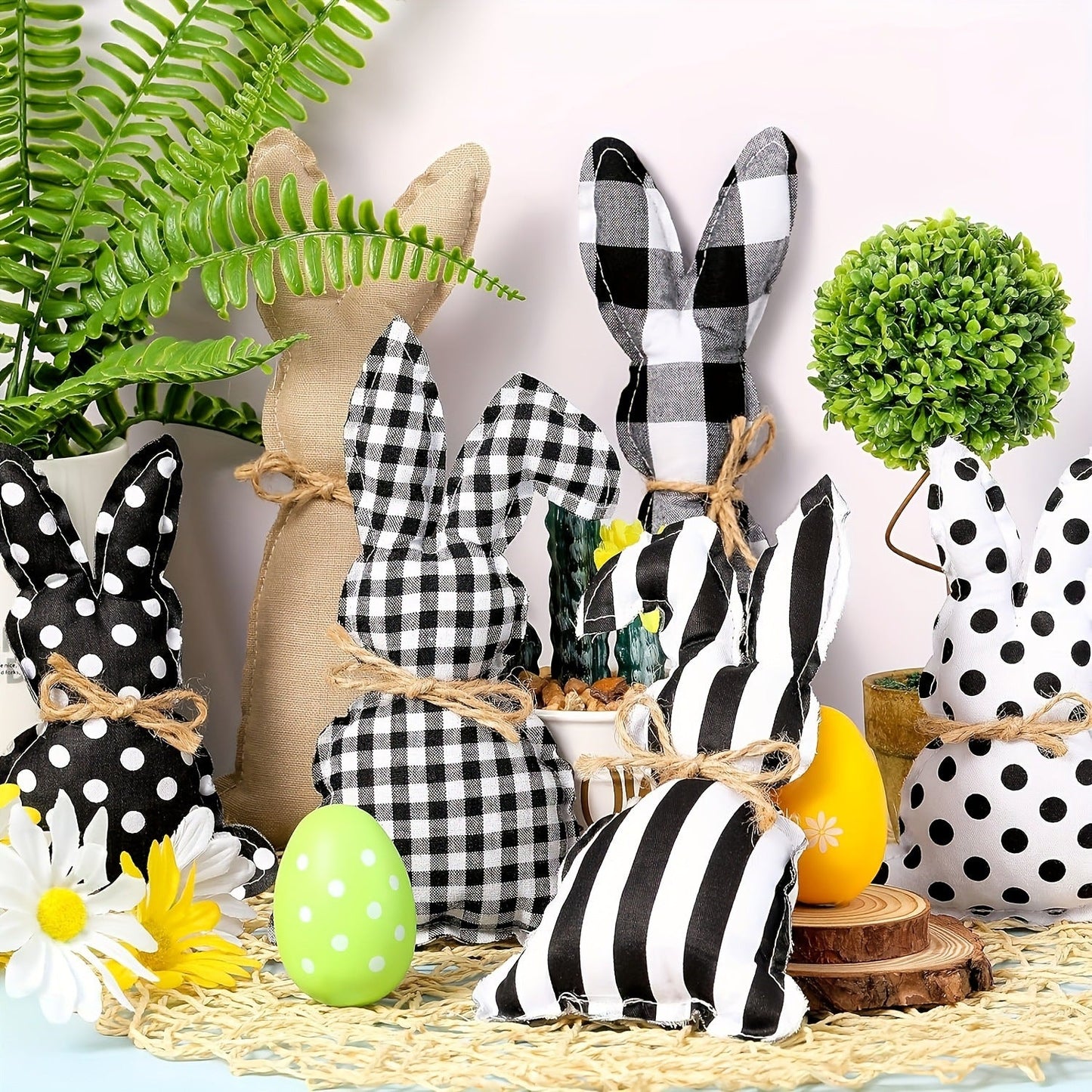 Set of 6 Easter Bunny Decor with Polka Dot Baskets