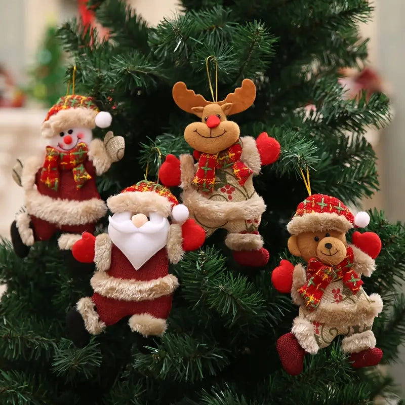 4PCS Christmas Tree Accessories: Dancing Old Man, Snowman, Deer, Bear Cloth Puppets