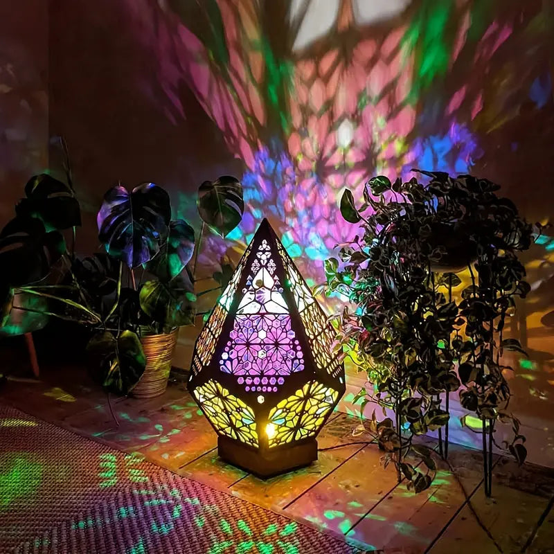 Wooden Bohemian Floor Lamp with USB Charging Port - Retro LED Colorful Diamond Lights