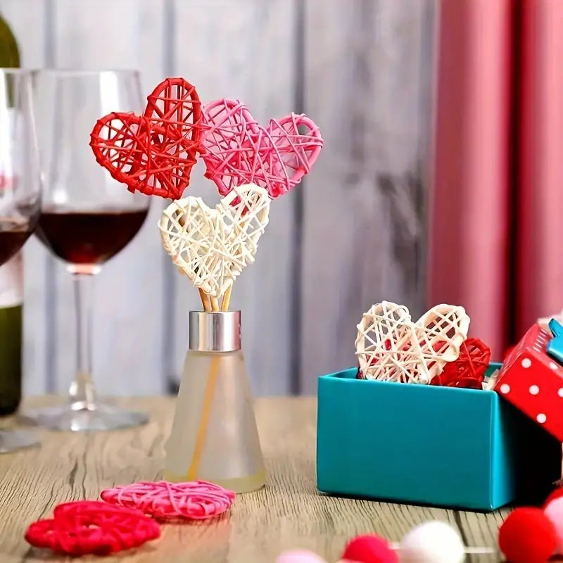 Valentine's Day Vine Heart Craft Set - 15pcs Heart-Shaped Willow Vase Fillers in White, Pink, and Red