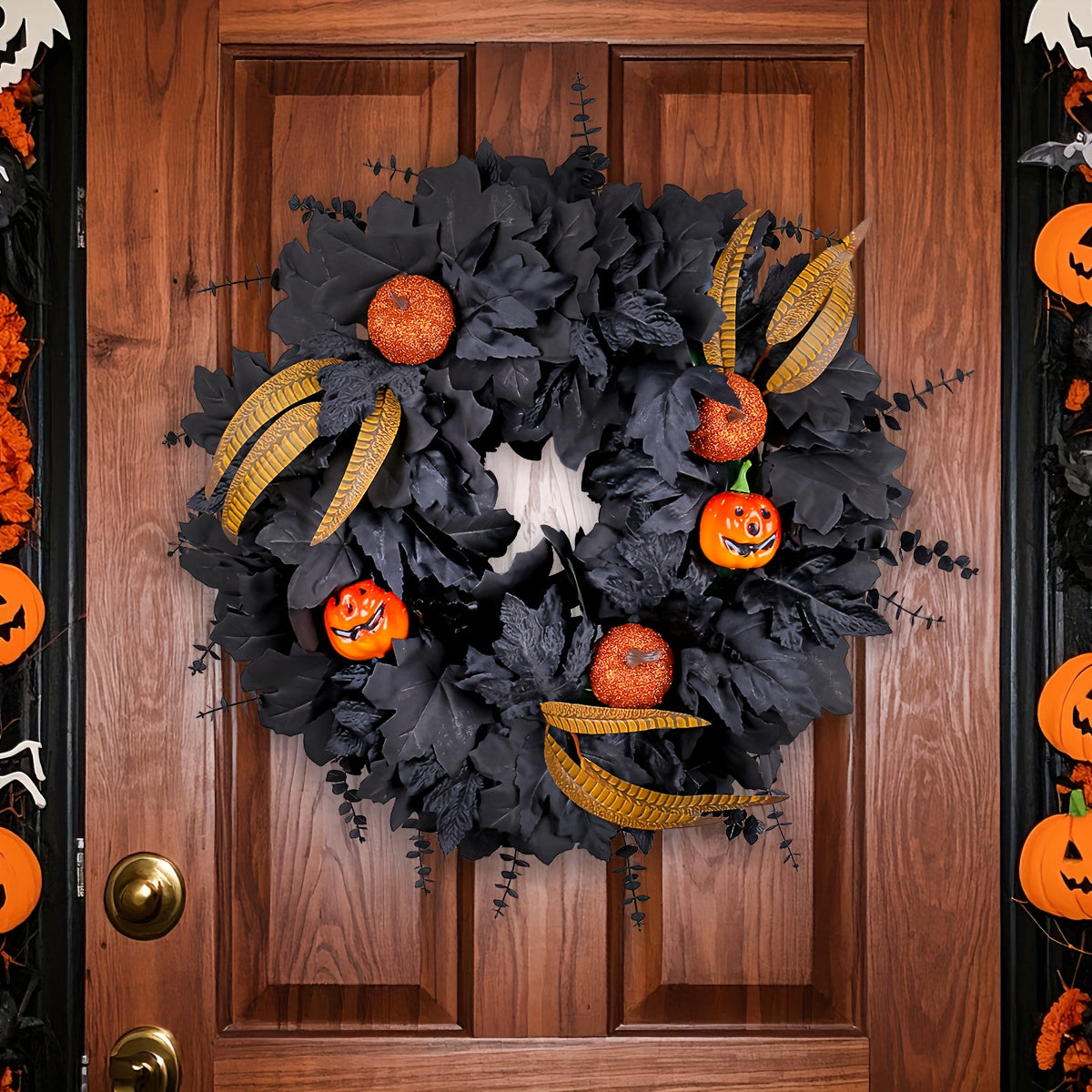 Halloween Black Pumpkin Maple Leaf Door Wreath