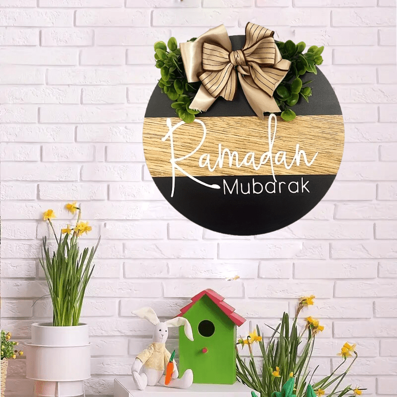 Ramadan Wooden Door Wreath with Burlap Bow