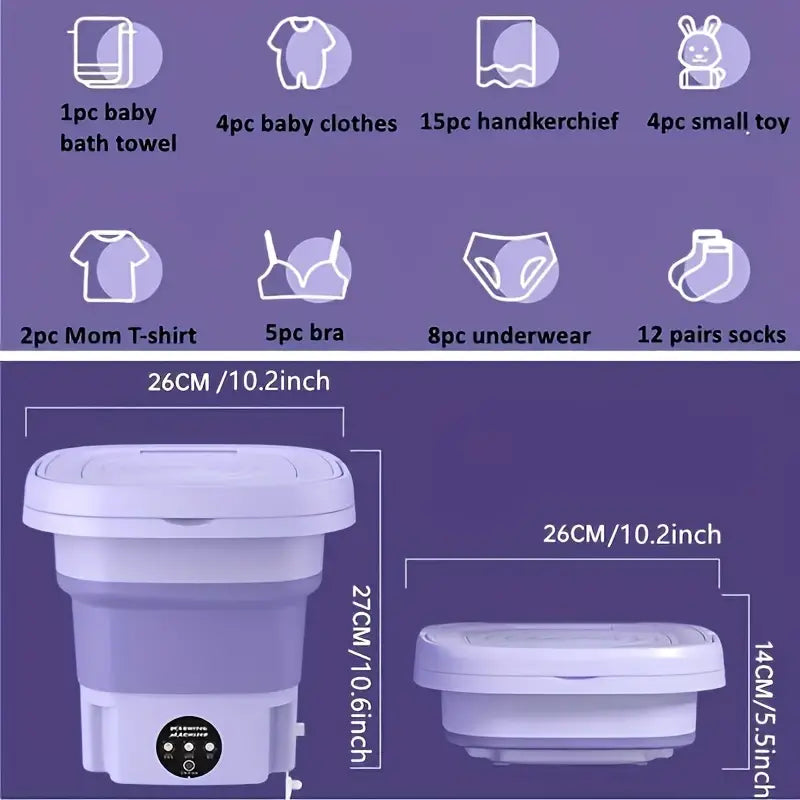 Portable Mini Washing Machine - Collapsible, 8L Capacity, 3 Sterilizing Modes, Purple