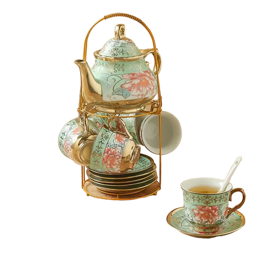 Green Elegance in Bloom: 20-Piece Ceramic Tea and Coffee Set with Iron Rack