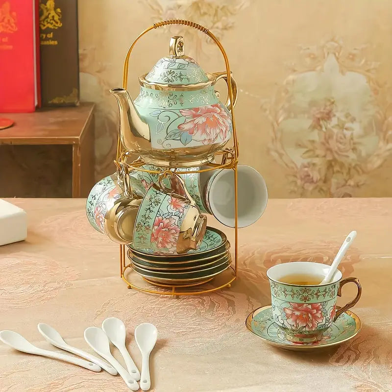 Green Elegance in Bloom: 20-Piece Ceramic Tea and Coffee Set with Iron Rack