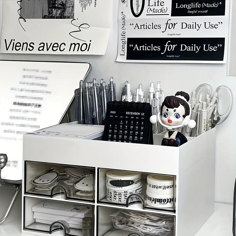 White Acrylic 4-Drawer Desktop Organizer with Open Tray Top