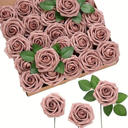 25pcs Retro Pink Artificial Roses | Dusty Rose Real Touch Simulation Flowers