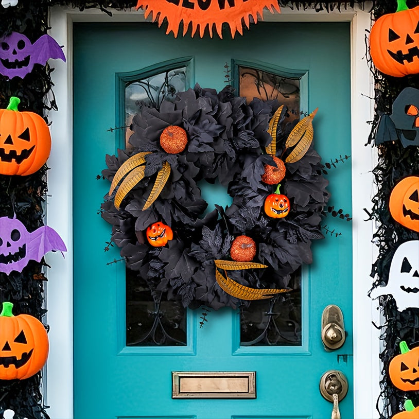 Halloween Black Pumpkin Maple Leaf Door Wreath