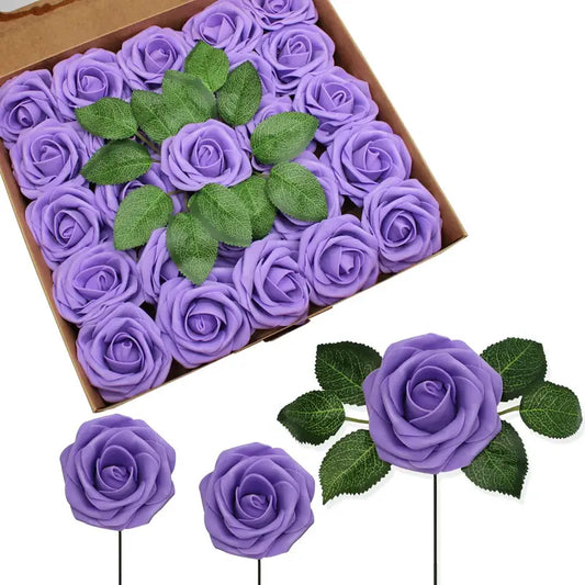 25-Piece Realistic Purple Artificial Roses with Stems
